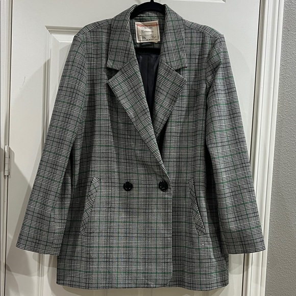 Anthropologie Cartonnier Plaid Long blazer green and black size large, oversized - Picture 3 of 7